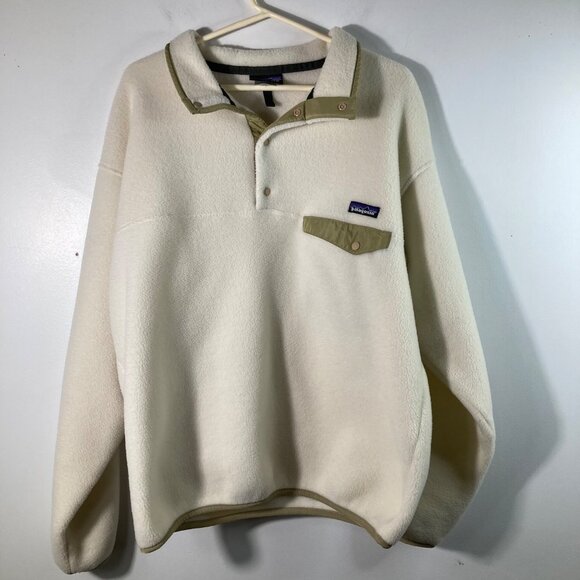Mens Vtg 90s Patagonia Synchilla Snap T Fleece Pullover White Green L Polyester - Picture 1 of 9